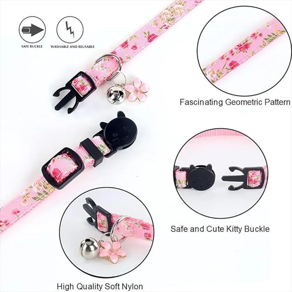 Adjustable Cat Collar with Flower and Bells Embellished Pet Collar Colorful Plaid Jacquard Pattern for Cat and Puppy Dog Collars