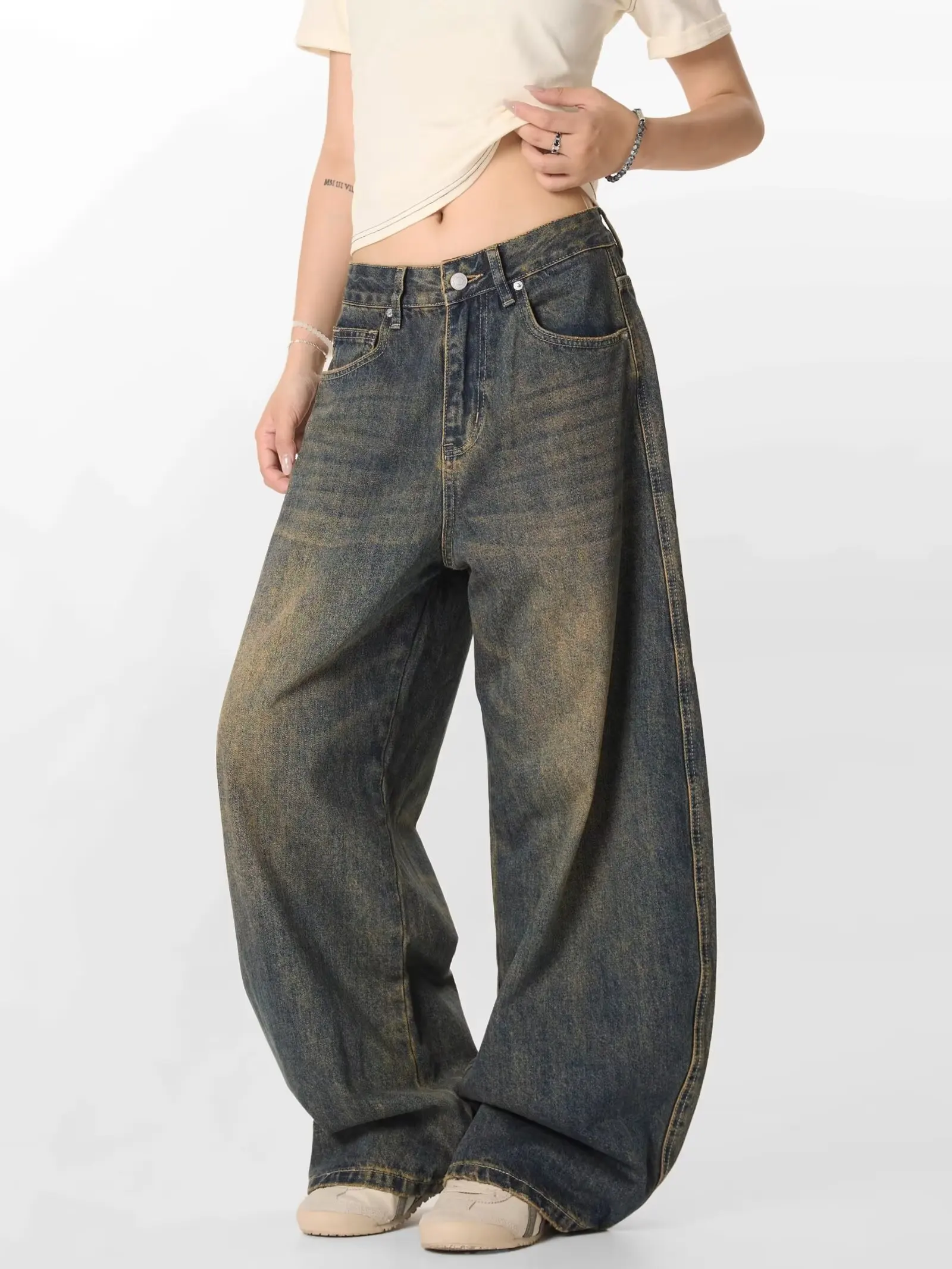 

Autumn Vintage Distressed Men's Women's Baggy Straight Jeans Fashion Korean High Street Denim Pants Streetwear Male Trousers