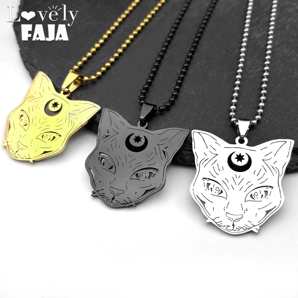 

Goth Wicca Cat Moon Star Hollow Car Pendant Women Gold Black Color Heptagram Witchcraft Stainless Steel Bead Chain Jewelry Gift