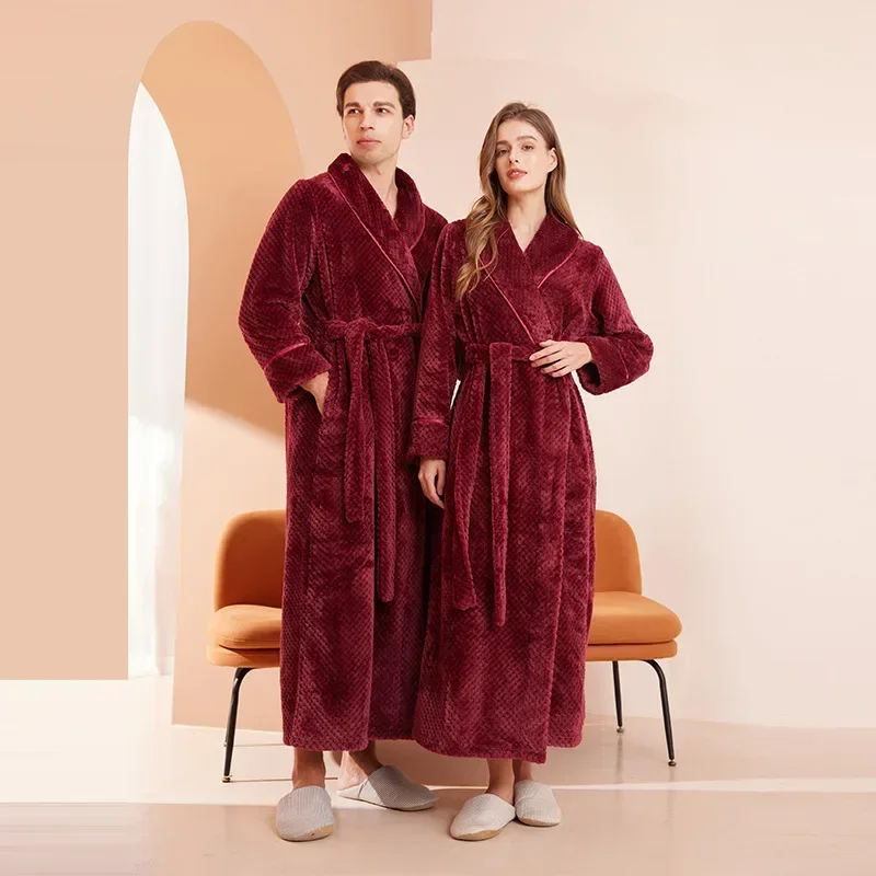 Casual Autumn and Winter New Couple Bathrobe Pajamas Fashionable Trend Men's and Women's Loose Thick Long Flannel Long Nightgown