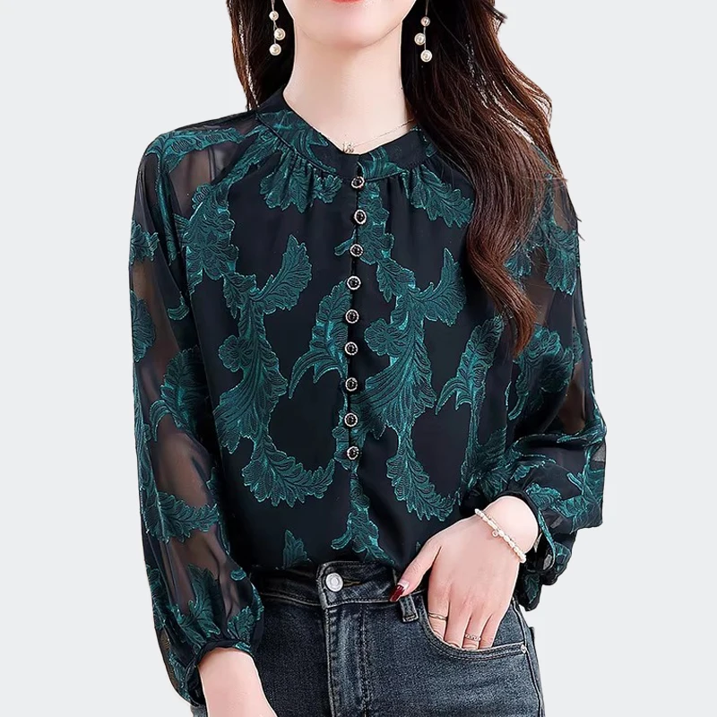 Camicette classiche in chiffon da donna jacquard Semplicità Colletto tondo con bottoni Camicie larghe scavate Top casual eleganti da donna