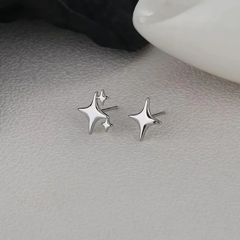 Silver Color Asymmetric Four-pointed Star Stud Earrings for Women Super Fairy Simple Fashion Jewelry Accessories Birthday Gift