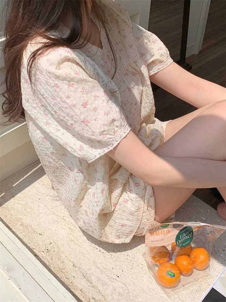 Soft Summer Floral Print Flowers 100%Cotton Sweet Short Sleeved Pajama Set Women Princess V-Neck Home Casual Sleep Tops Ins
