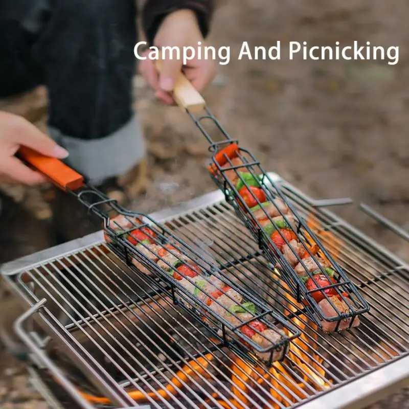 Outdoor Portable Kabob Grilling Basket Wooden Handle Stainless Steel Non-Stick Vegetables Shrimps Meat Hot Dog Barbecue