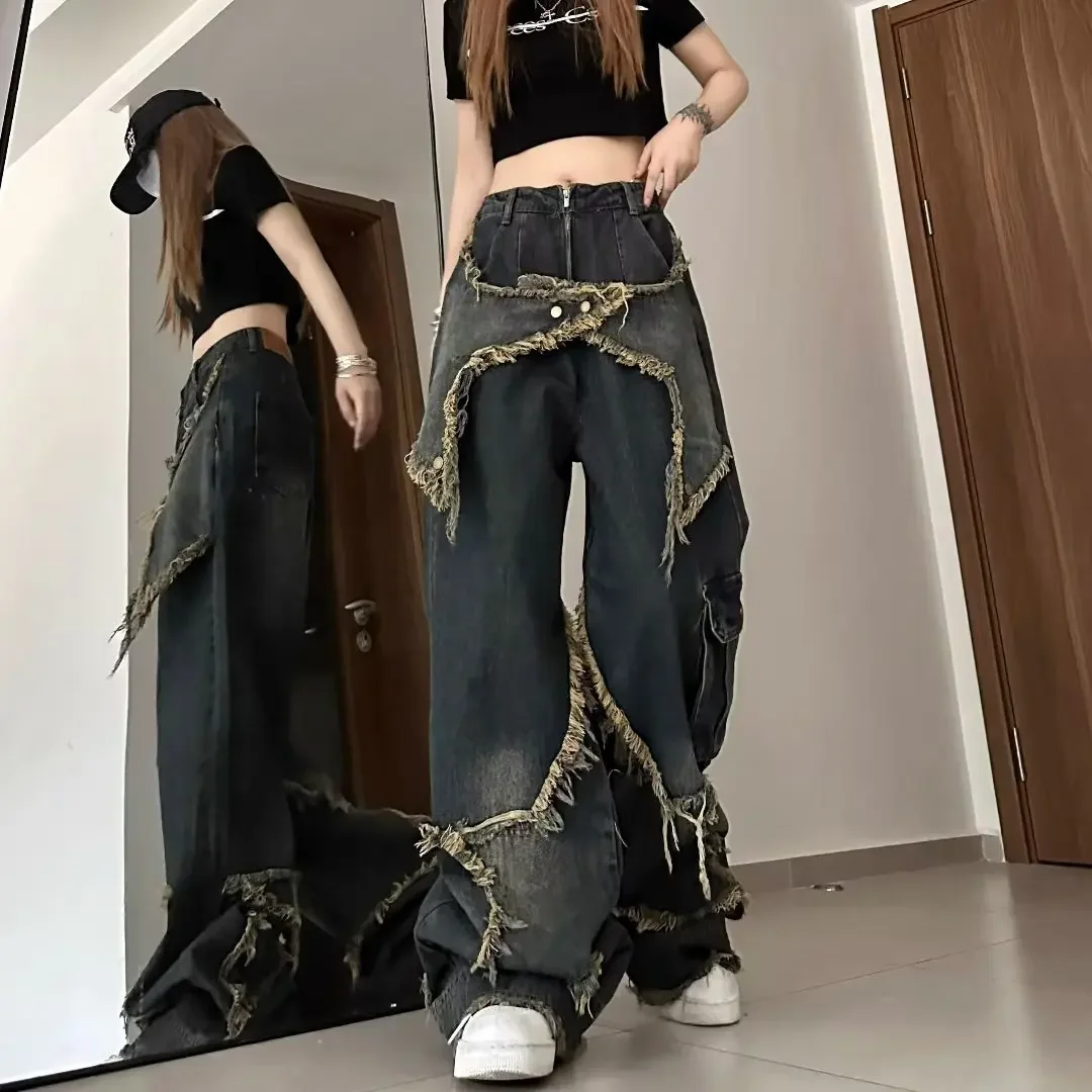 American retro star jeans women's autumn and winter niche design sense rough edge high street straight loose wide-leg trousers