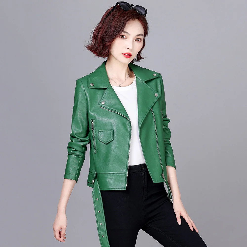 New Women Moto Leather Jacket Spring Autumn Fashion Cool Biker Style Suit Collar Short Sheepskin Coat Slim Split Leather Jacket