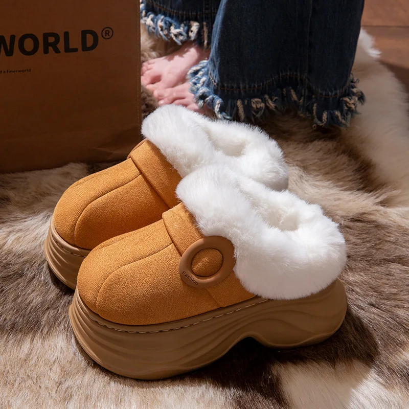 Fluffy snow boots winter plush shoes women's thick sole slip on booties woman furry platform mules clogs ladies boot slippers