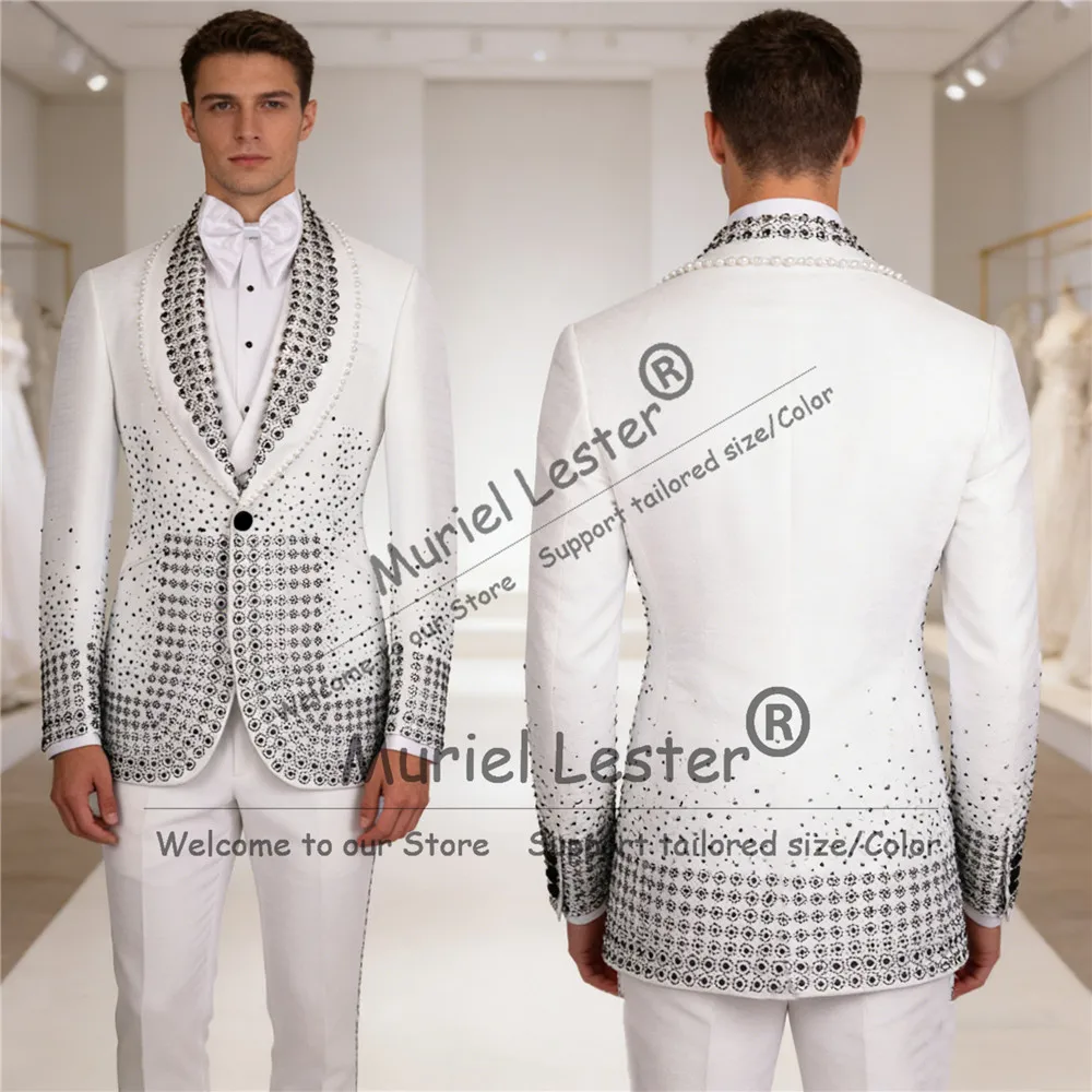 

Эксклюзивные мужские костюмы с камнями из бисера на свадьбу, комплект из трех предметов, пиджаки для выпускного вечера с шалью и лацканами, индивидуальные смокинги для банкета и жениха, Ropa Hombre