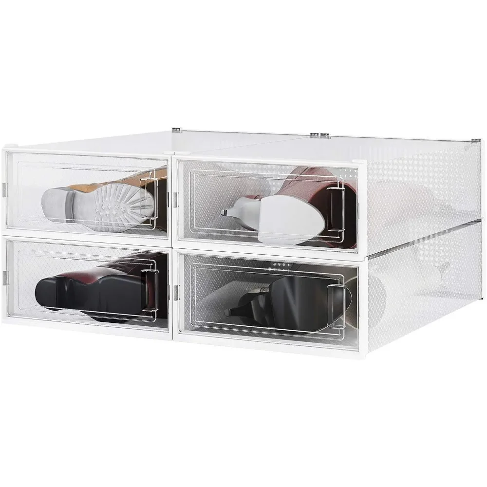 4-piece Shoe Box, Stackable Clear Plastic Shoe Box with Clear Door for Storing Women's Shoes 20.5 