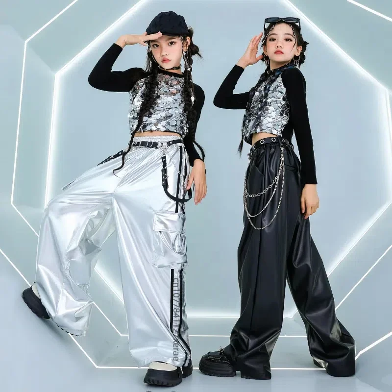 Jazz Dance Costume for Girls, Street Bombing Silver Black Sequin Dance Costume Set, Children's Street Dance Performance Costume
