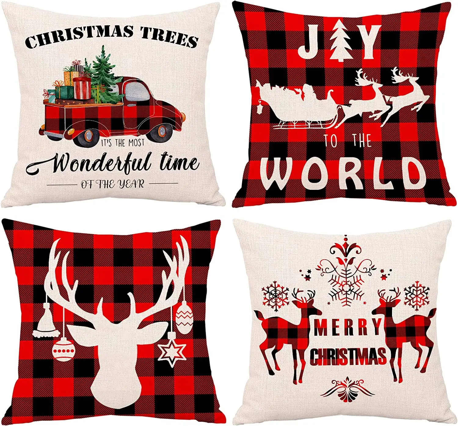 

4pcs Christmas Cushion Covers 18x18 Inch Red Plaid Bufflo Truck Winter Holiday Indoor and Outdoor Decorative Throw Pillow Covers