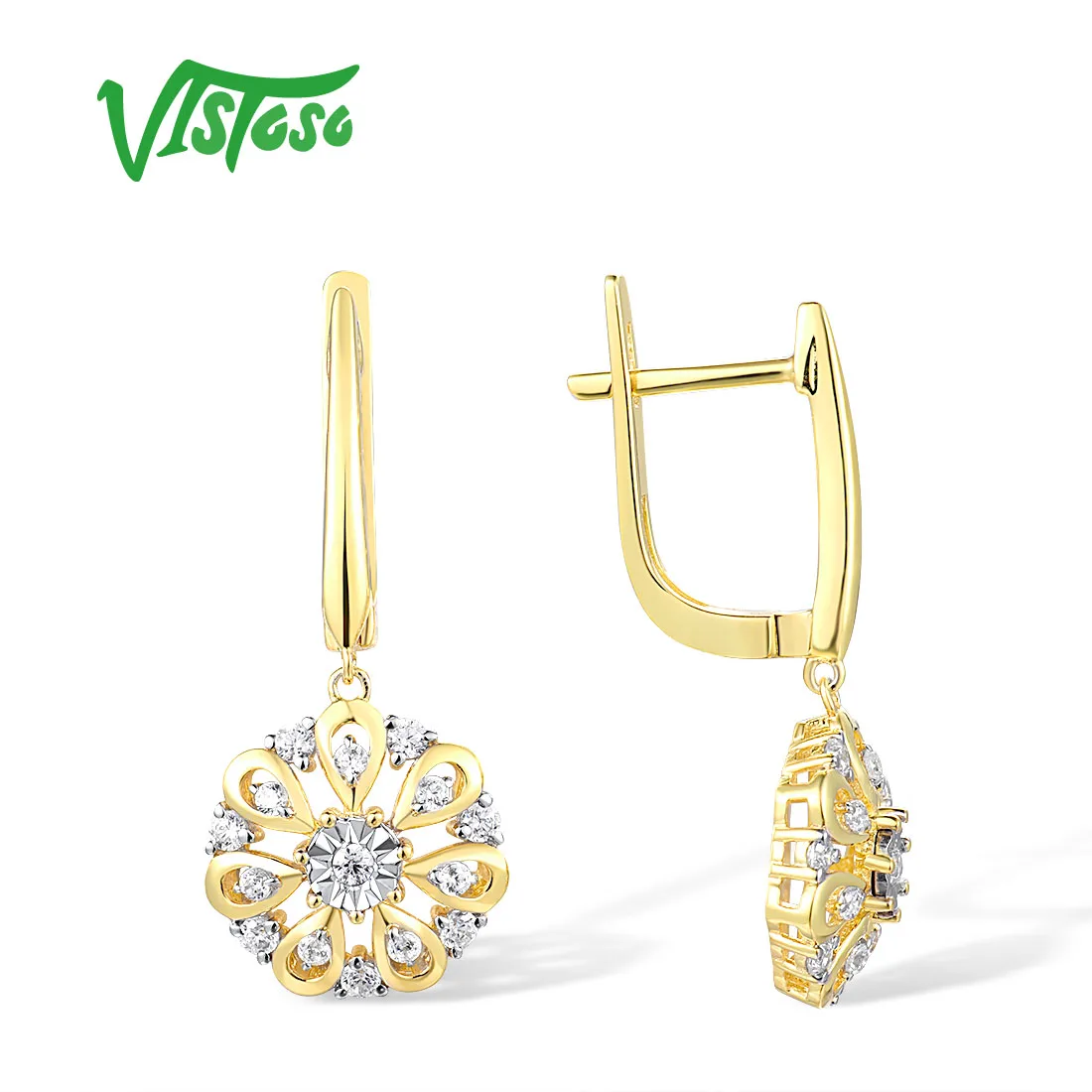 VISTOSO Genuine 14K 585 White/Yellow Gold Drop Earrings For Women Shiny Round Diamond Dangling Anniversary Wedding Fine Jewelry