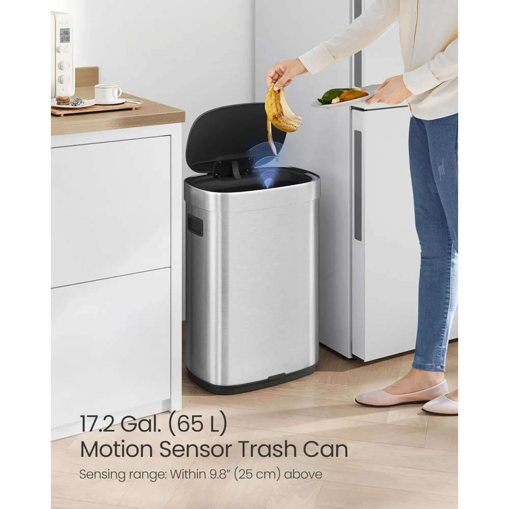 Kitchen Trash Can, 17.2-(65 L) Motion Sensor Garbage Can, Stainless Steel Trash Bin, Ozone Odor Control, Stay-Open, Metallic