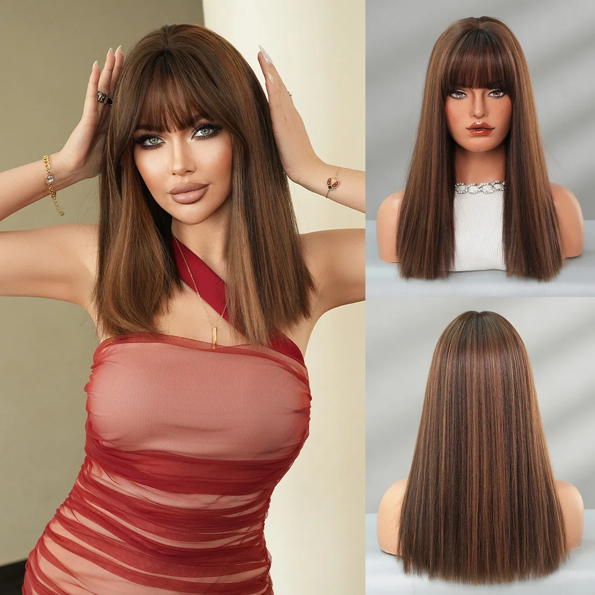 

Wig Female Shoulder Straight Hair Linen Coffee Brown Qi Bangs Medium Long Straight Hair High Quality Full Headgear