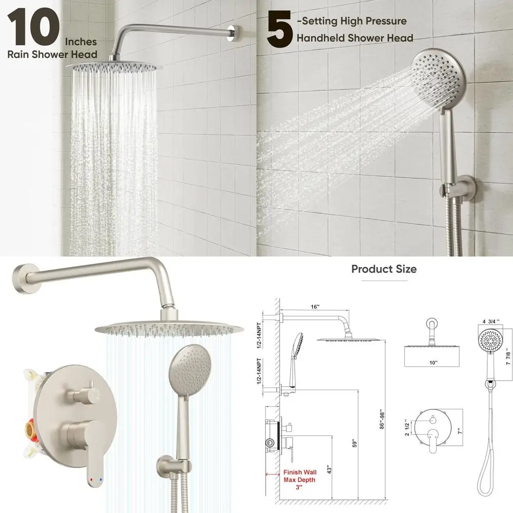 

10 High-Pressure Wall-Mounted Shower System with Brushed Nickel Finish, Including Rain Shower Head and Handheld Sprayer
