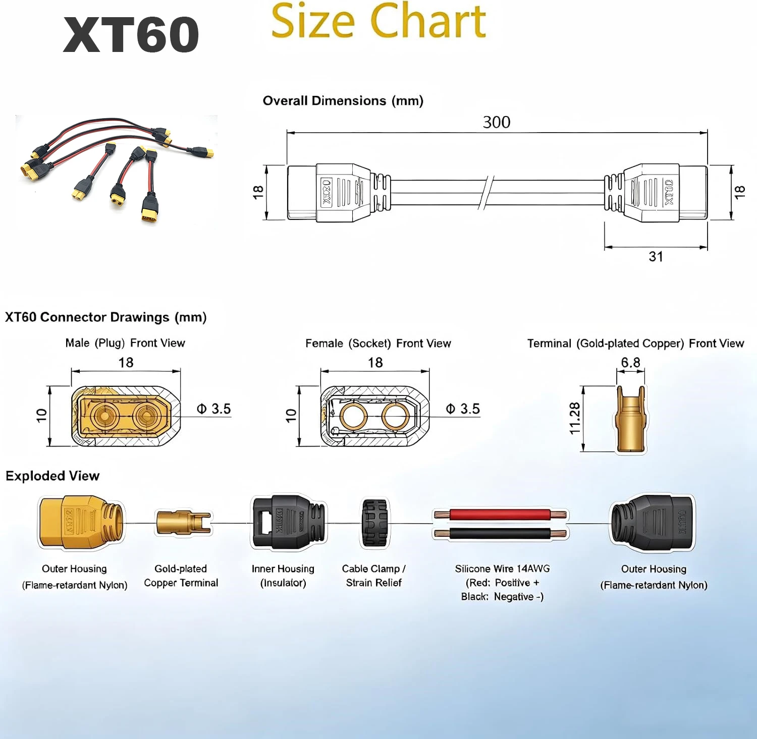 XT60 14AWG Adapter Cable RC Car Model Airplane Boat Hobby FPV Racing Crawler Solar Panel UAV Power Inverter Lithium LiPo Battery