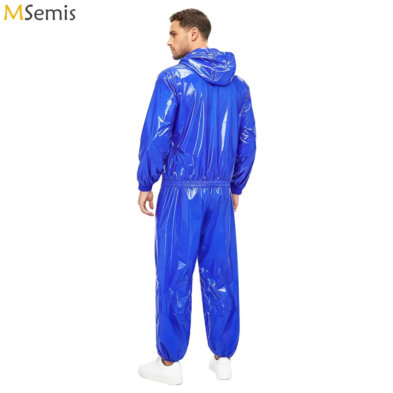 

Mens Hooded Tracksuit Waterproof Sauna Outfit Long Sleeve Front Zip-up Drawstring Hood Jacket Windbreaker Jogging Track Pants