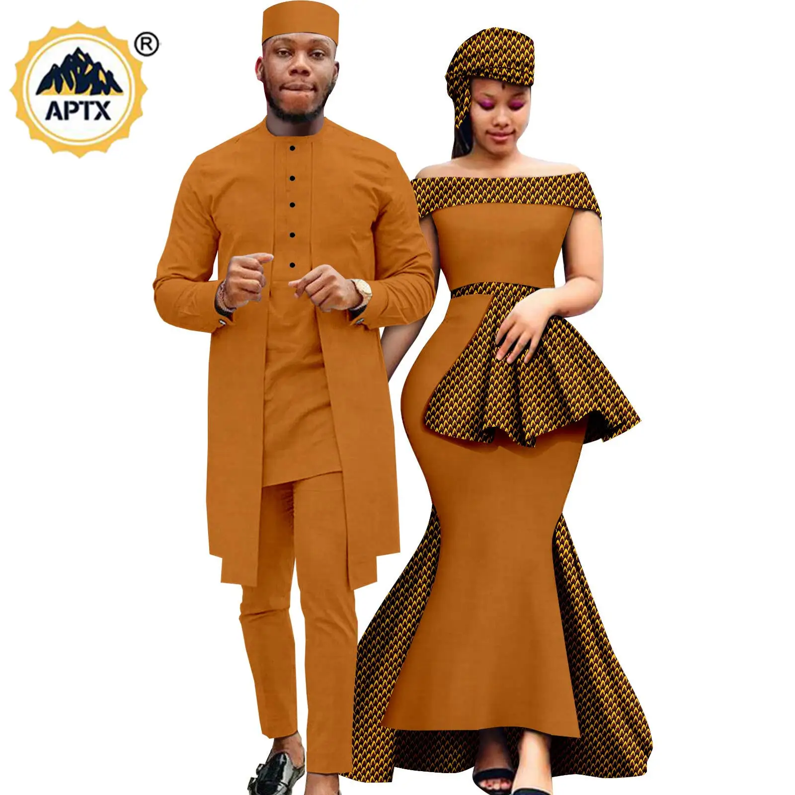 

African Print Dresses for Women Matching Couple Outfits Dashiki Men Long Top and Pants Cap 2 Pieces Sets Party Wedding Y23C059