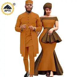 African Print Dresses for Women Matching Couple Outfits Dashiki Men Long Top and Pants Cap 2 Pieces Sets Party Wedding Y23C059