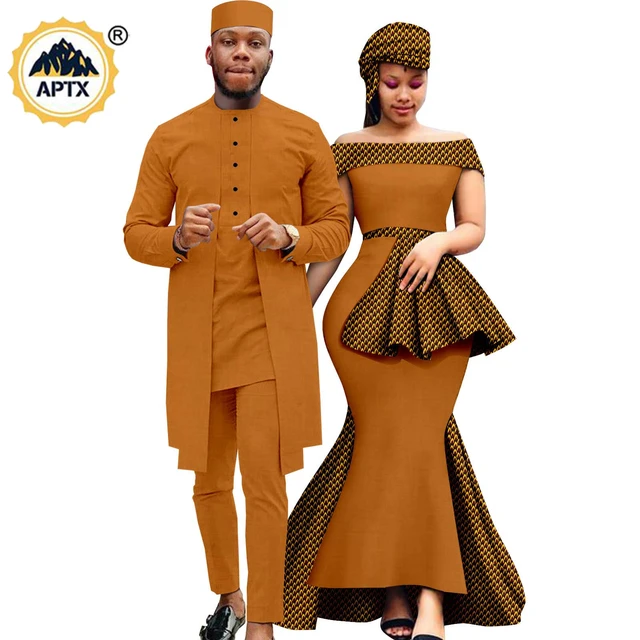 African Print Dresses for Women Matching Couple Outfits Dashiki Men Long  Top and Pants Cap 2 Pieces Sets Party Wedding Y23C059 - AliExpress