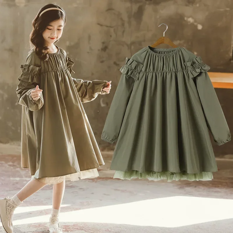 2023 Autumn New Style Girls' Dress with Big Children's Mesh Hem and Korean Fashion Trend Corduroy Girls'  Knee-Length Dress