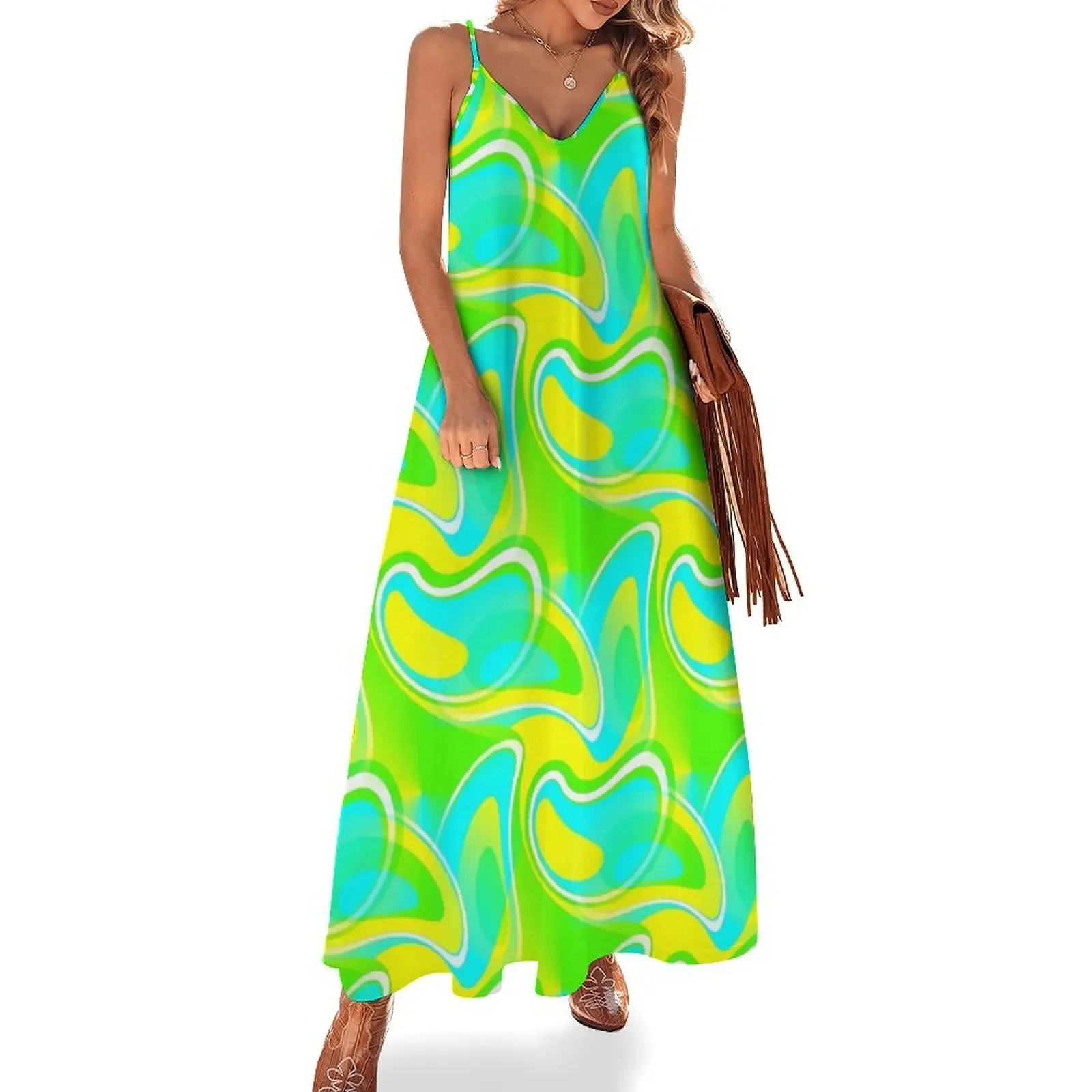 

Feeling Groovy - 60's Mod Paisley Abstract in Green, Blue and Yellow Sleeveless Dress women's clothing trend 2024 prom clothes