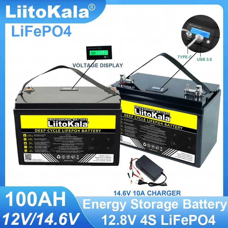 LiitoKala-paquete de baterías LiFePO4 de 12,8 V, 100Ah, 12V, litio, hierro, fosfato, 4000 ciclos, inversor, encendedor de coche, Solar, libre de