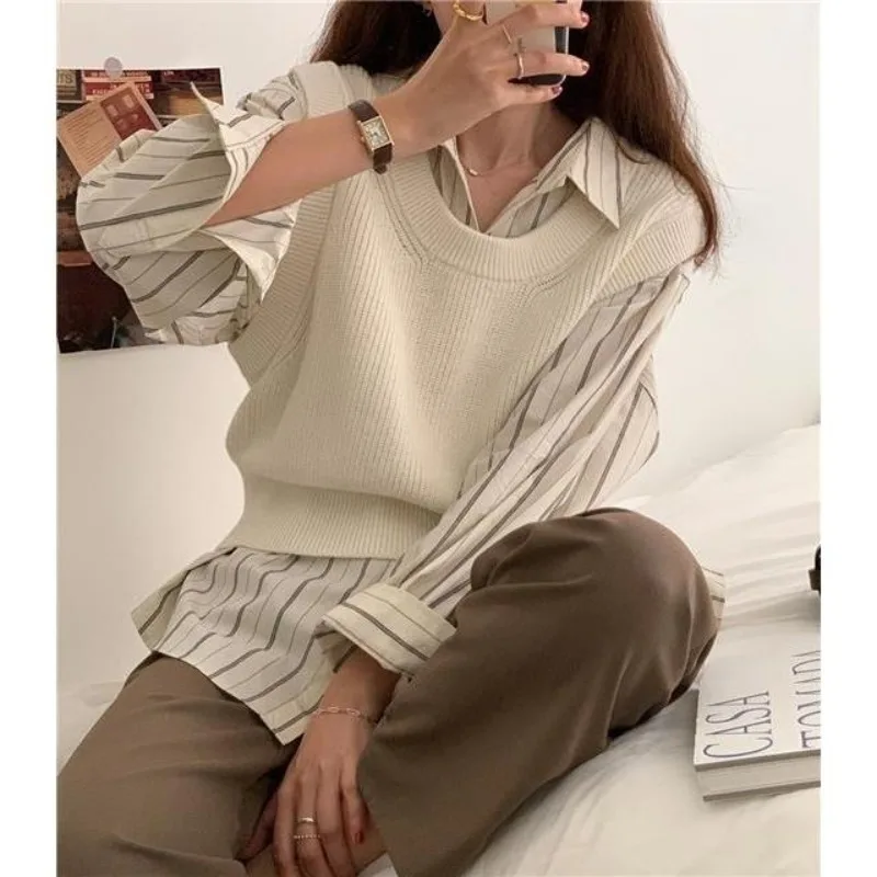 Vertical Striped Women\'s Spring and Autumn 2024 Patchwork POLO Collar Button Pocket Fashion Elegant Loose Long Sleeved Shirts