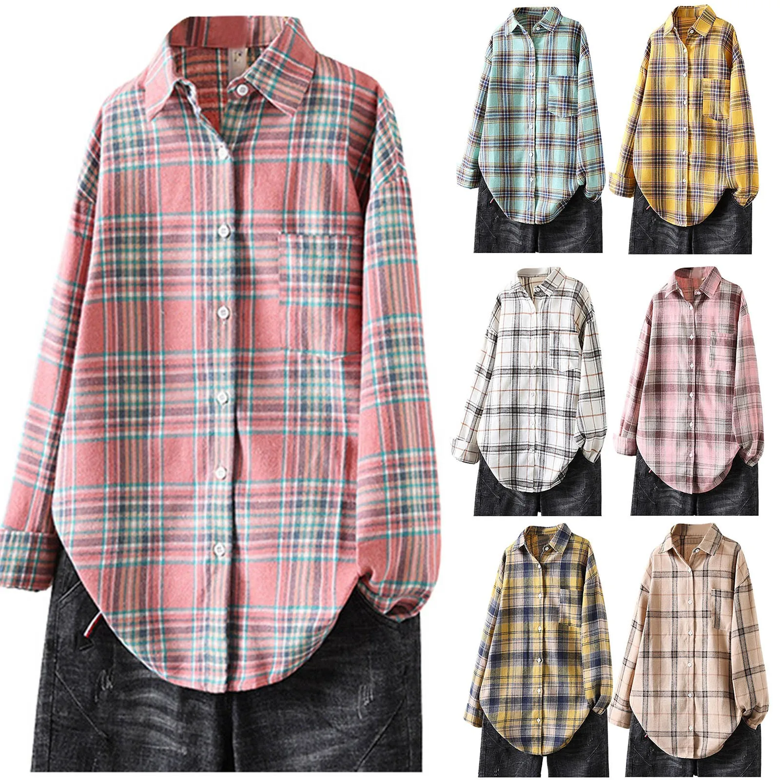 Autumn Long Sleeve Loose Fit Casual Shirt Oversized Button Down Lightweight Blouse Lapel Pocket Check Fashion Shirts Tops Women