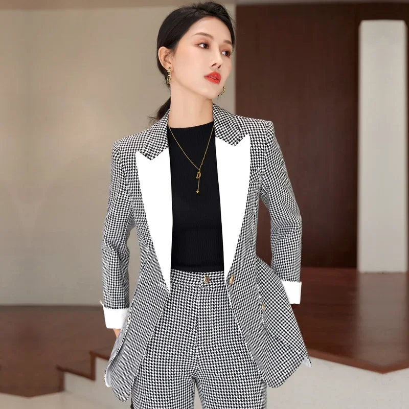 ชุดสูทผู้หญิงลายสก๊อต2ชิ้นเสื้อสูท + กางเกง Houndstooth ชุดทำงานผู้หญิงแนวธุรกิจแฟชั่นเสื้อคลุมกางเกงขายาวชุดงานพรอม