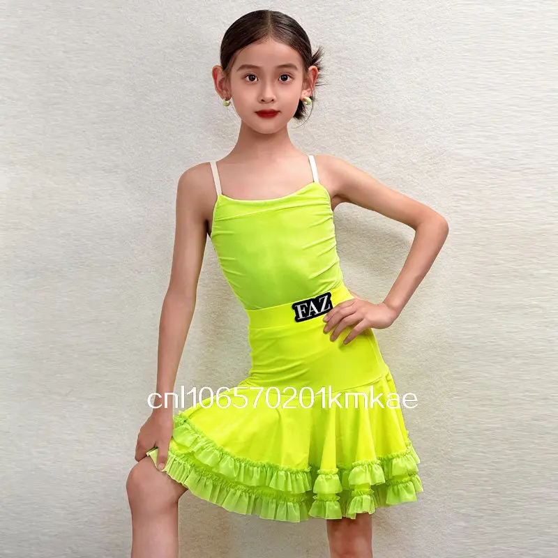 Kids Latin Dance Practice Outfit Girls Performance Costume Children's Advanced Training Clothes A-Line Short Skirt