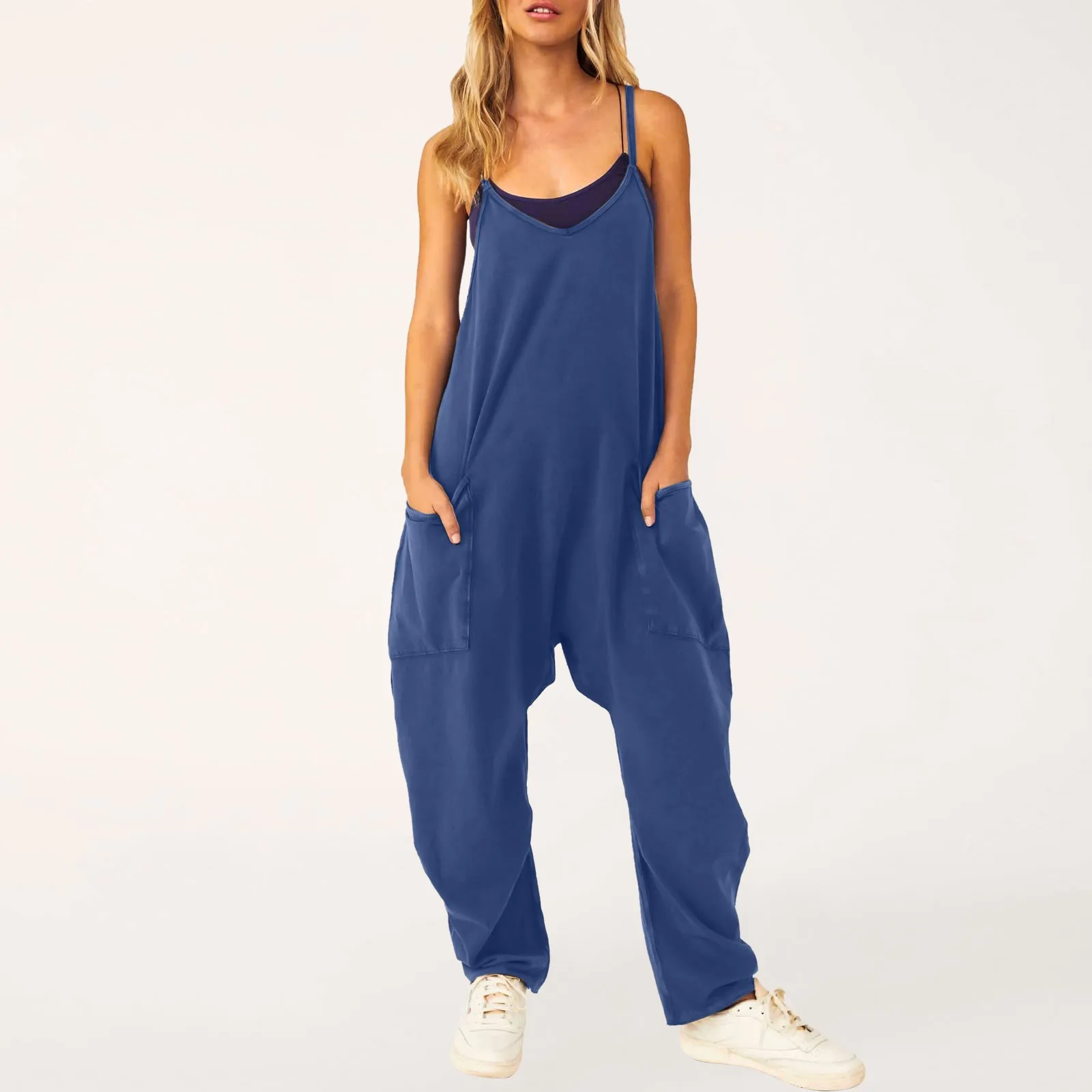 

Summer Casual Jumpsuit Women Solid Spaghetti Strap Sleeveless Wide Leg Rompers Woman Loose with Large Pocket Bib Overalls Outfit