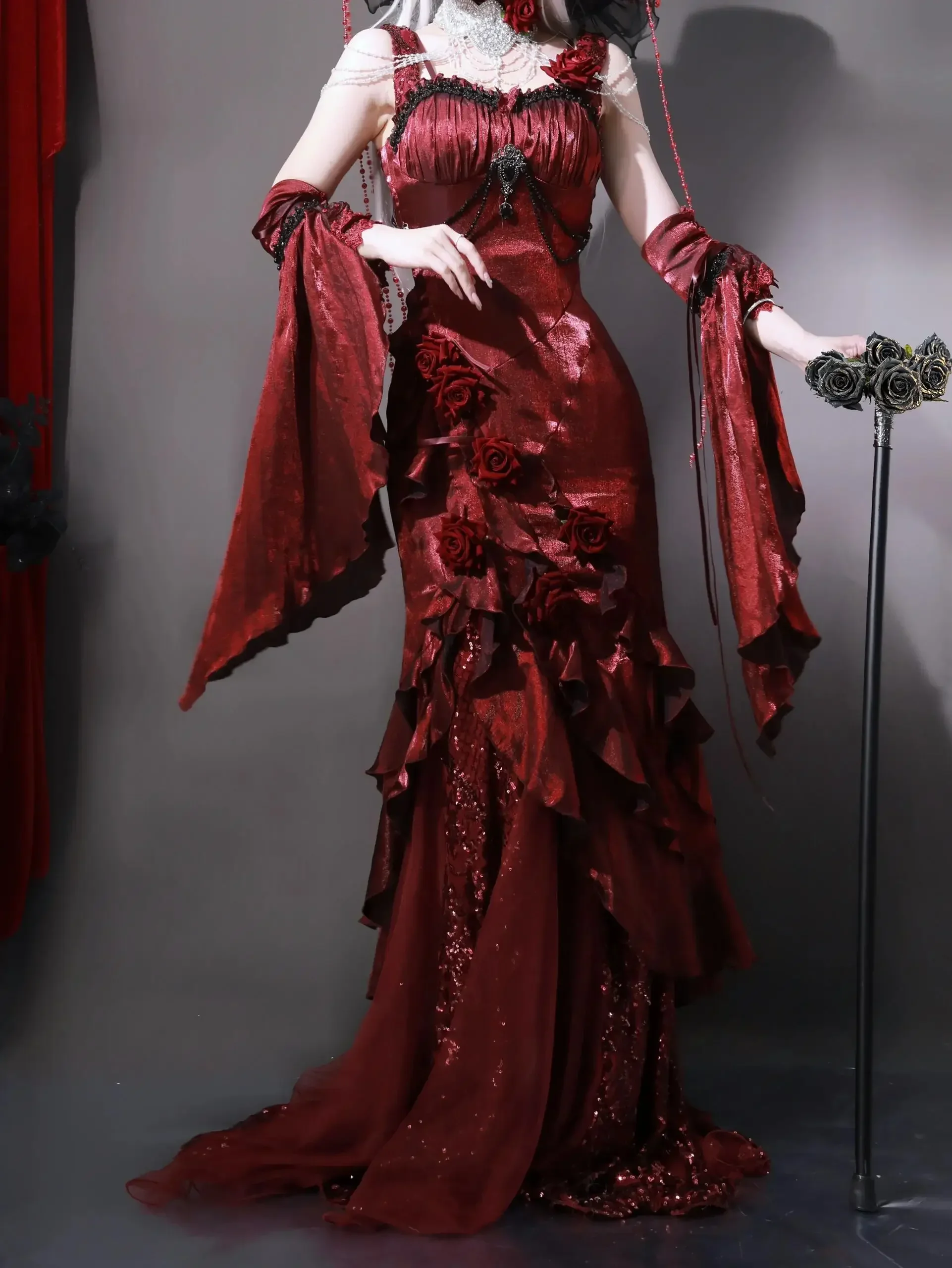 Red Rose Lolita Slimming Long Asymmetrical Fishtail Dress Lolita Halloween Muse Sexy Cos Suspender Dresses and Sleeves 2025