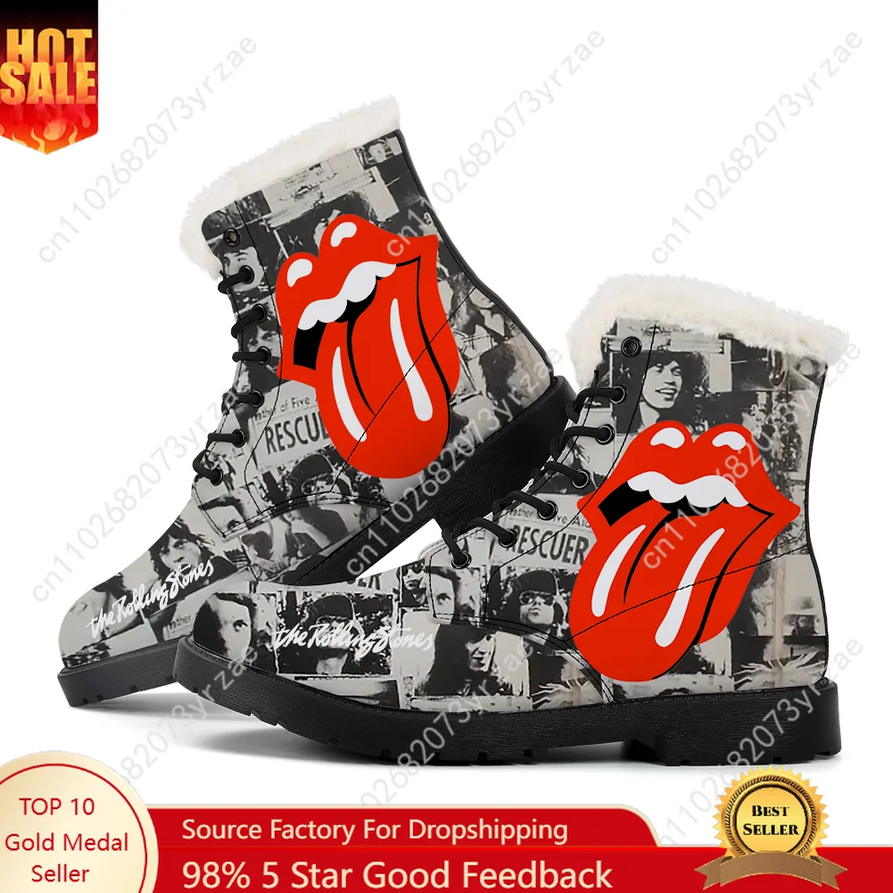 

The Rolling Stones Plush Boots Men Women Teenager Casual Shoes Outdoor Warm Boot High Quality Personalized Pattern Custom Shoes