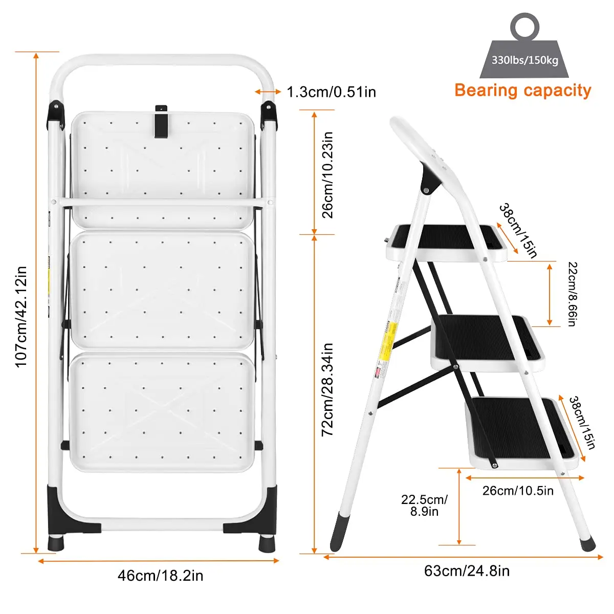 3 Trap Opklapbare Kruk Ladder Met Brede Anti-Slip Pedaal Lichtgewicht Handige Handgreep Stevige Stalen Ladder 330 Lb Capaciteit