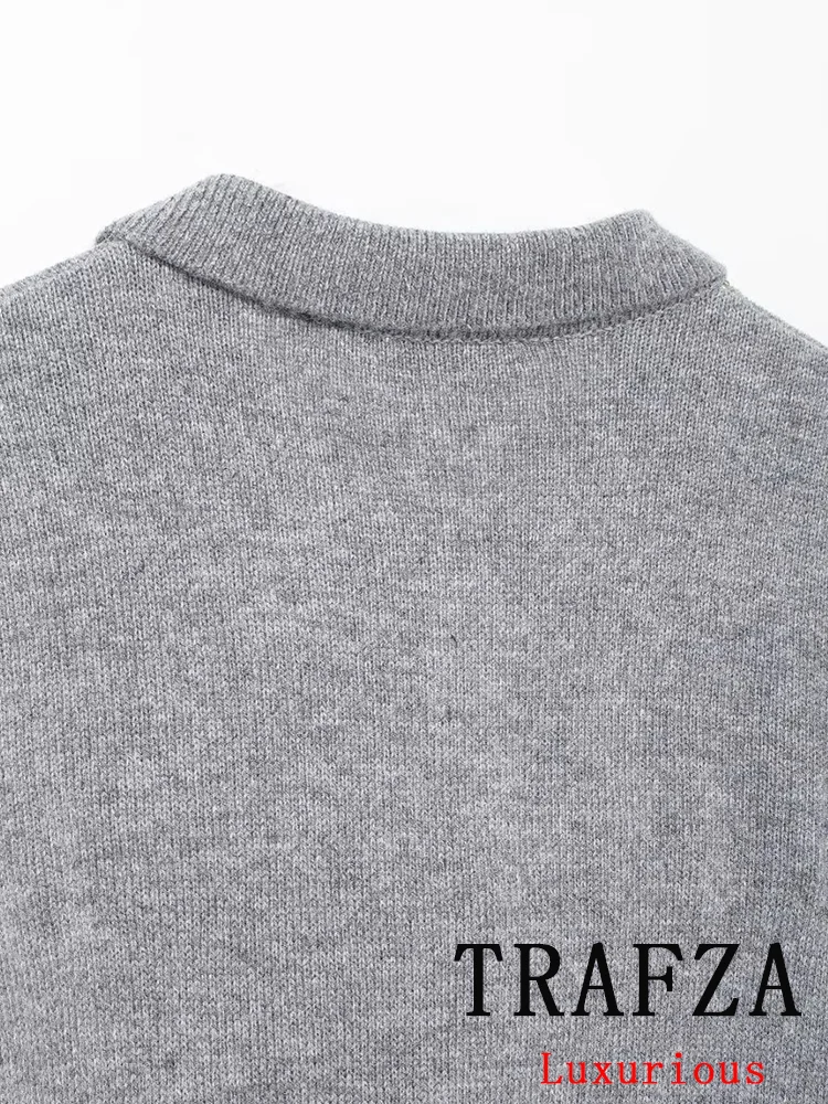 TRAFZA Vintage Casual Chic Women Sweater Solid Bow Turn-down Collar Long Sleeve Knitted Cardigans Fashion 2024 Autumn Sweaters