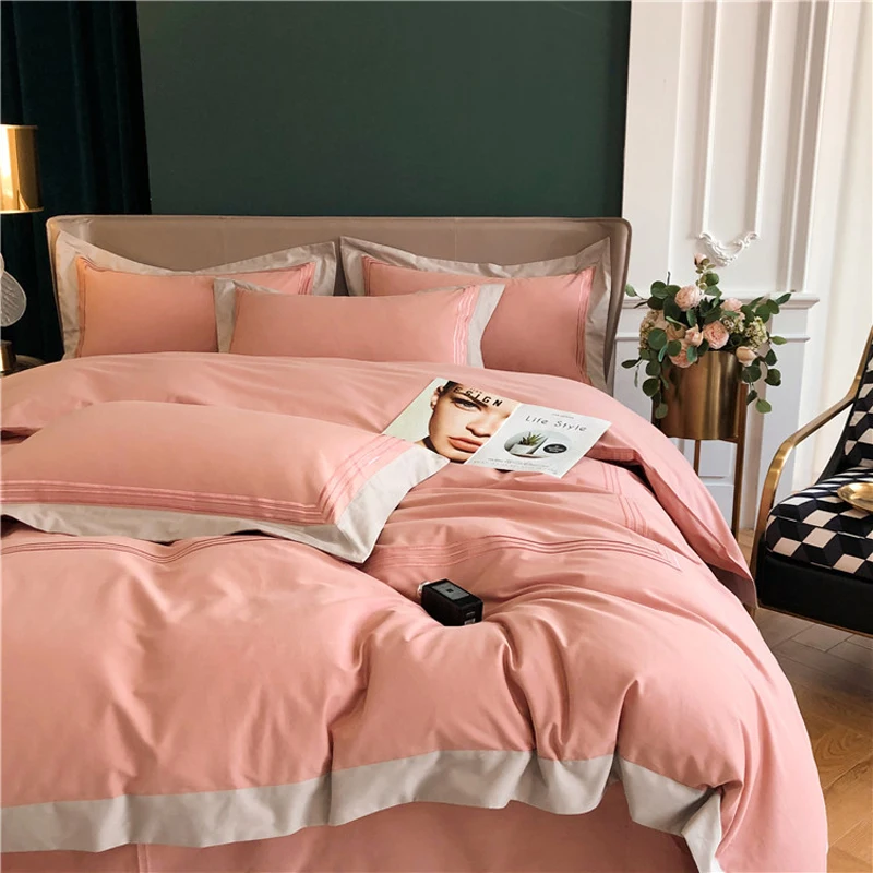 2024 New Four-piece Bedding Simple Cotton Double Household Bed Sheet Letter Pattern Quilt Cover Comfortable Bedding Pink Gray