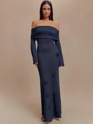Knitwear Floral Off-Shoulder Long Dress For Women Slim Patchwork High Waist Backless Party Dress Female Knit Maxi Dress