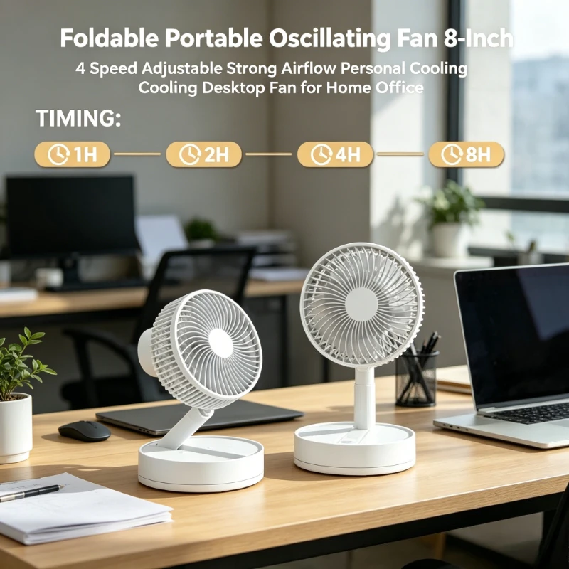 Ventilador oscilante dobrável de 8 polegadas Ventilador de mesa de resfriamento pessoal portátil com fluxo de ar forte de 4 velocidades para escritório doméstico ao ar livre