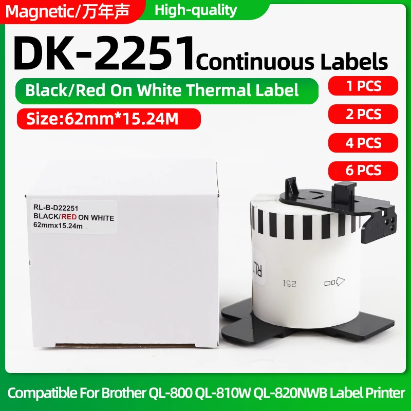 1~6 Roll DK-22251 DK-2251 Black/Red on White Continuous Thermal Labels 62mm*15.24M Compatible For Brother QL-800 QL810W QL820NWB