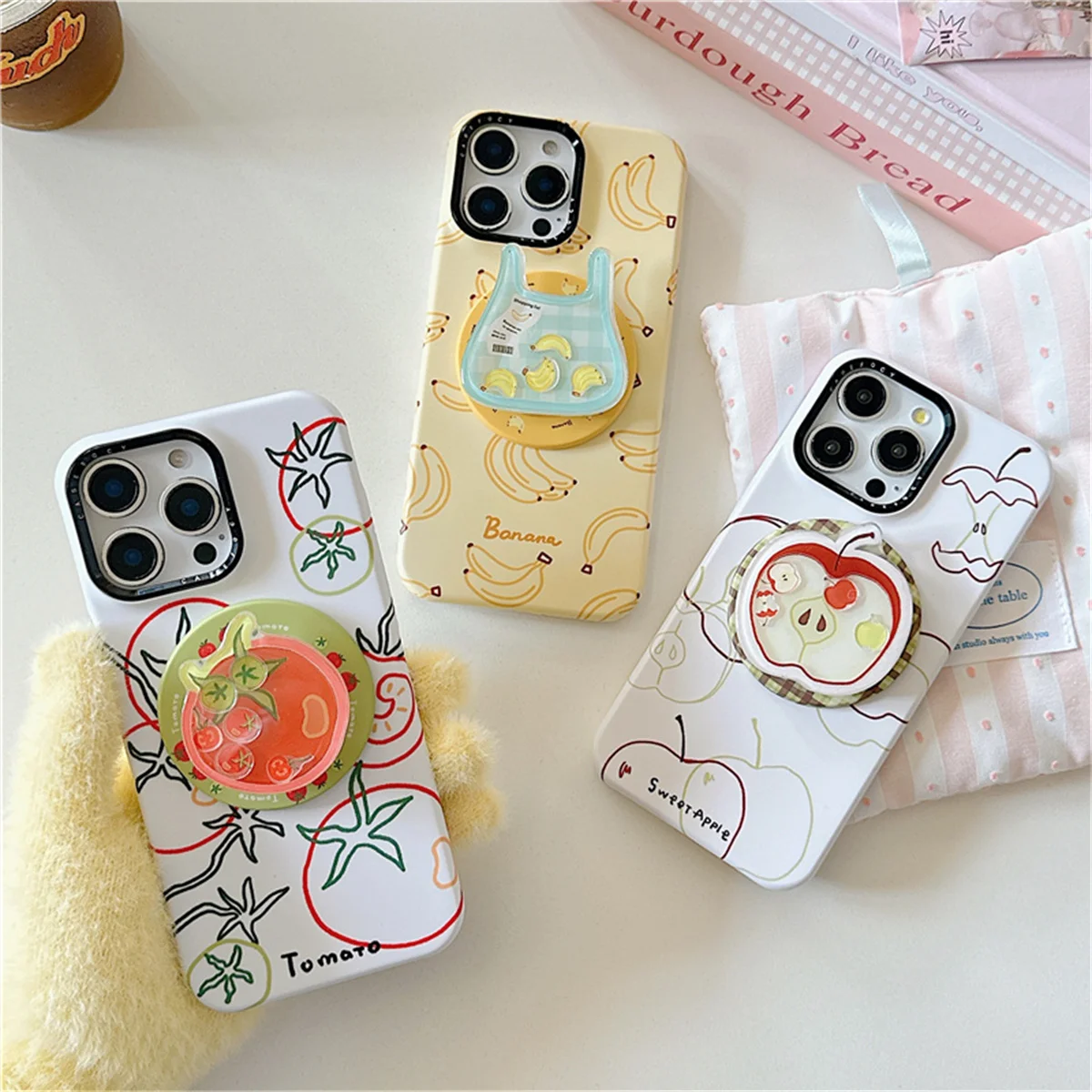 

Korean Ins Cute Line Fruit Magnetic Phone Case For iPhone 16 Pro 15 13 Pro Max 12 14 Pro Back Cover with Stand Hard Cases