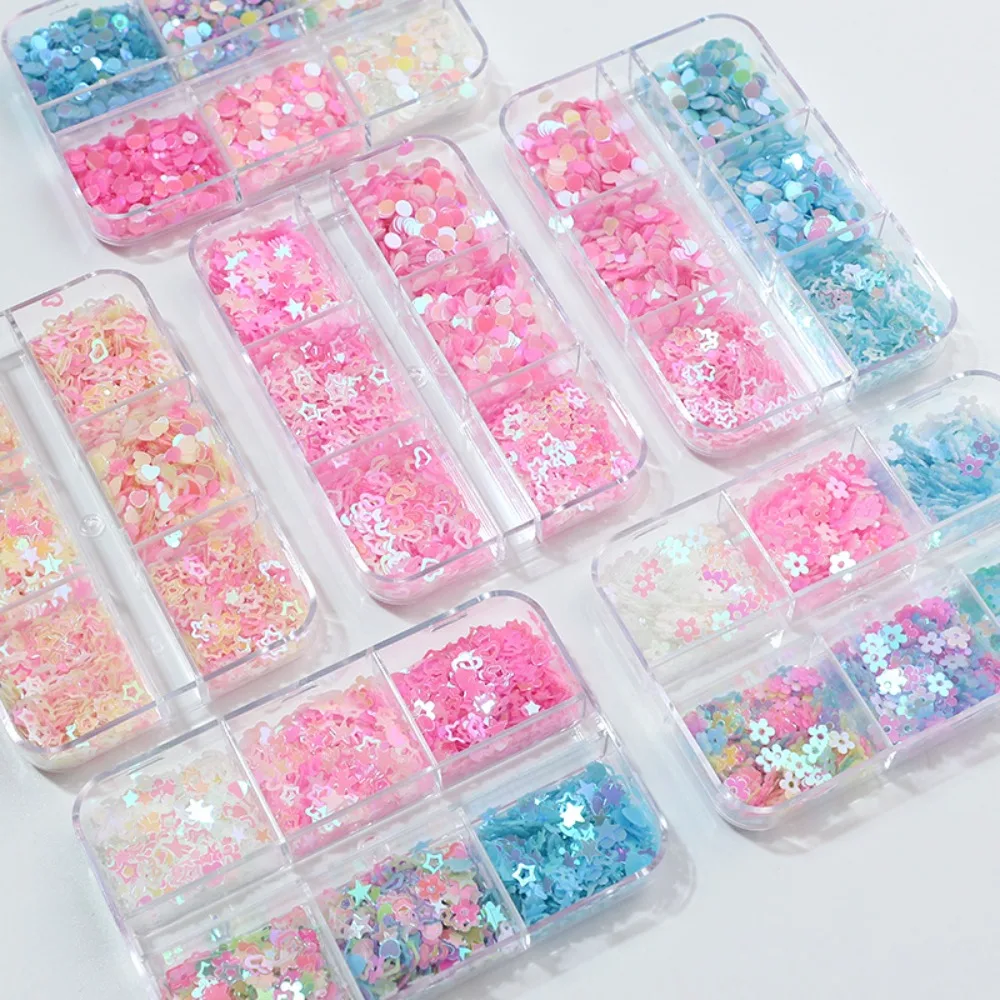 6 grades/conjunto prego glitter lantejoulas flor brilhante borboleta coração prego glitter decalques para meninas diy manicure decoração da arte do prego