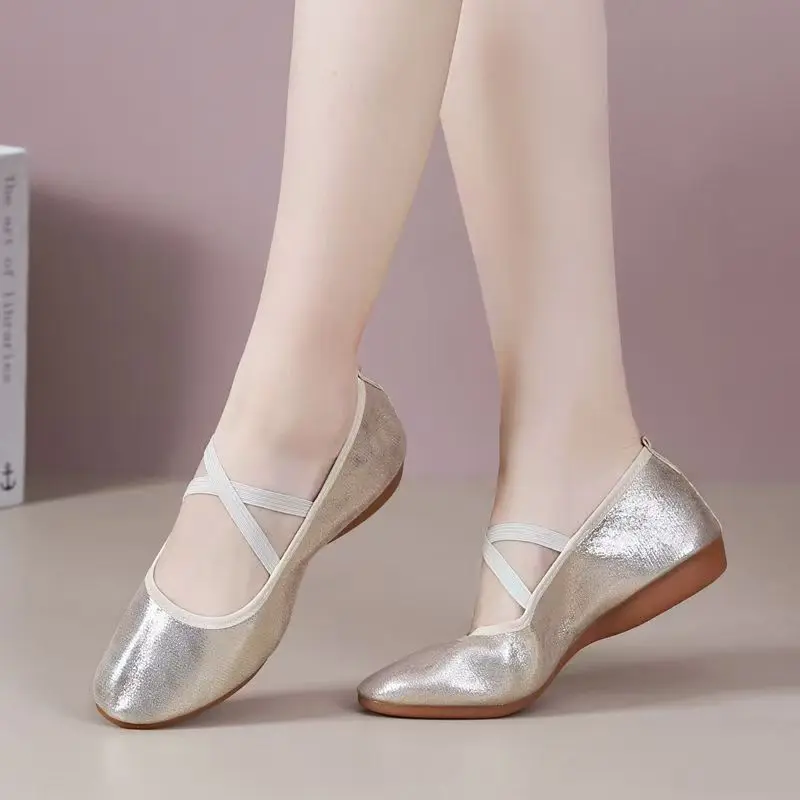 

Women Leather Big Size Flat Sole Dance Shoes Soft sole Non Slip Shallow Slip On Lightweight Round Toe Practice Ballet Shoes