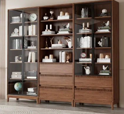 I 'Scandinavian  bookcase with glass door bookcase shelf combination modern household solid wood foot bookcase storage cabinet.