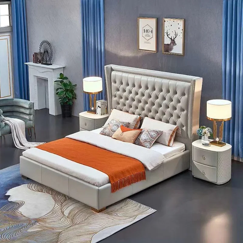 Luxury Bedroom Set European Style Simple Pull Button High Back Double Bed Modern Leather King Size Bed