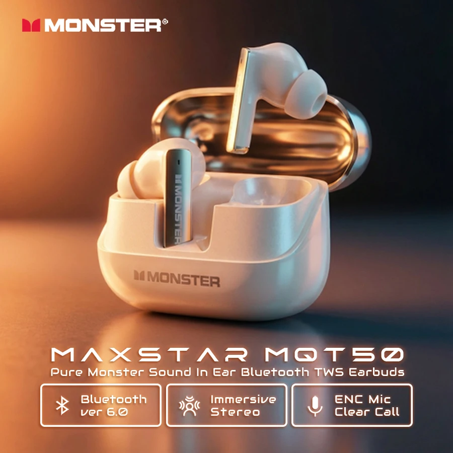 

Monster MQT50 Bluetooth Sport Earbuds Immersive Stereo Bluetooth 6.0 Earphone IPX4 Waterproof TWS Wireless Headphone with Mic
