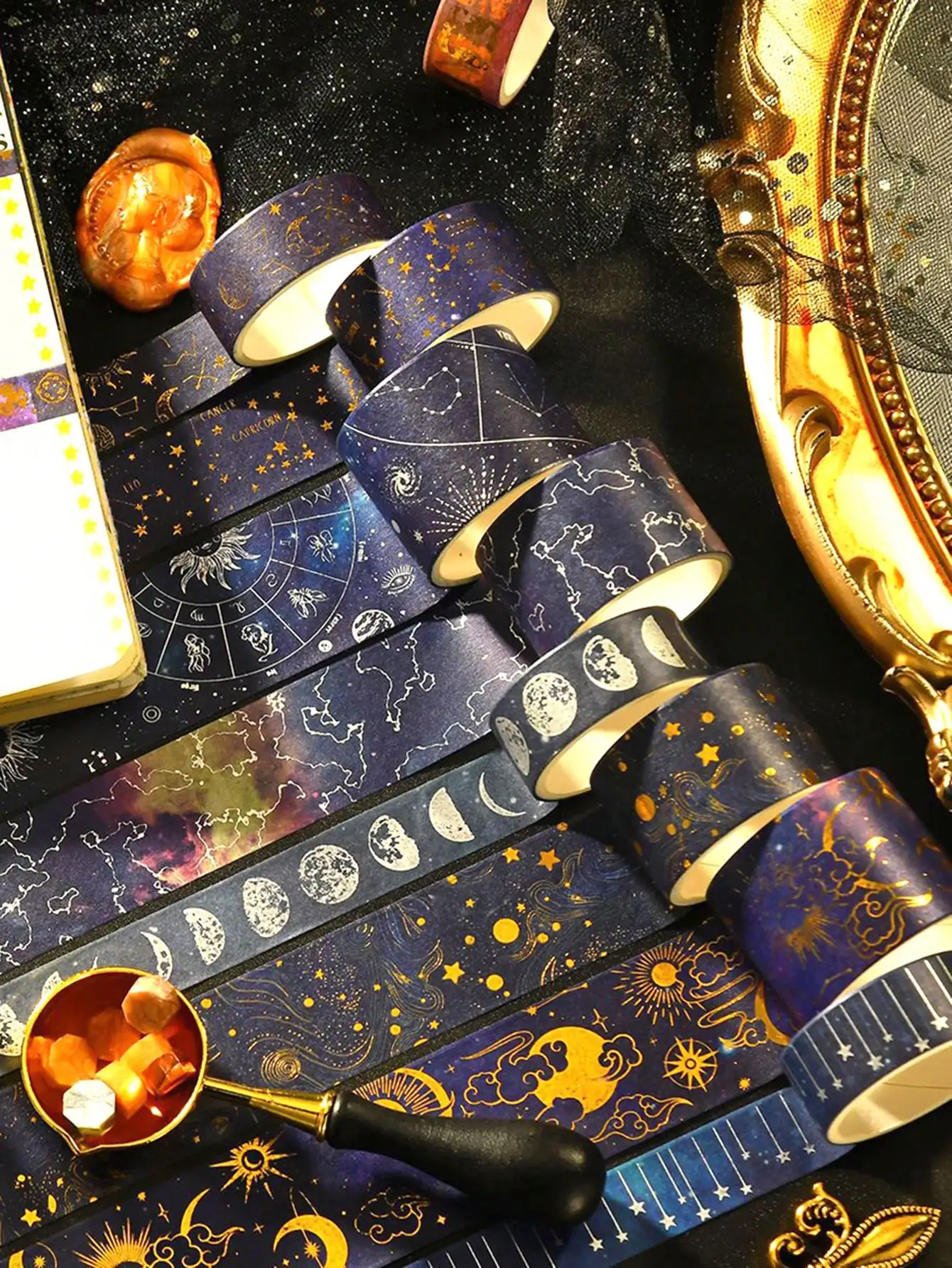 20 لفة من السماء المرصعة بالنجوم الشريط البرنز الساخن الفضة اشي الشريط كوكب الكون نمط ملصقات لطيف مذكرات المدرسة الديكور الحنفية