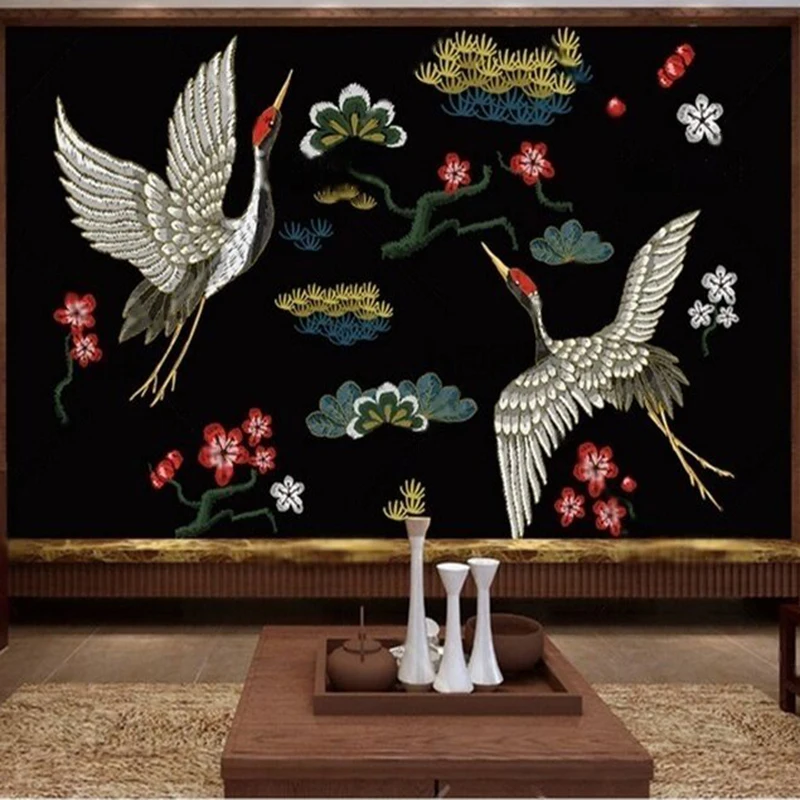 

Embroidered white cranes and immortal cranes traditional Chinese patterns Chinese-style TV, luxurious home decoration bedroom
