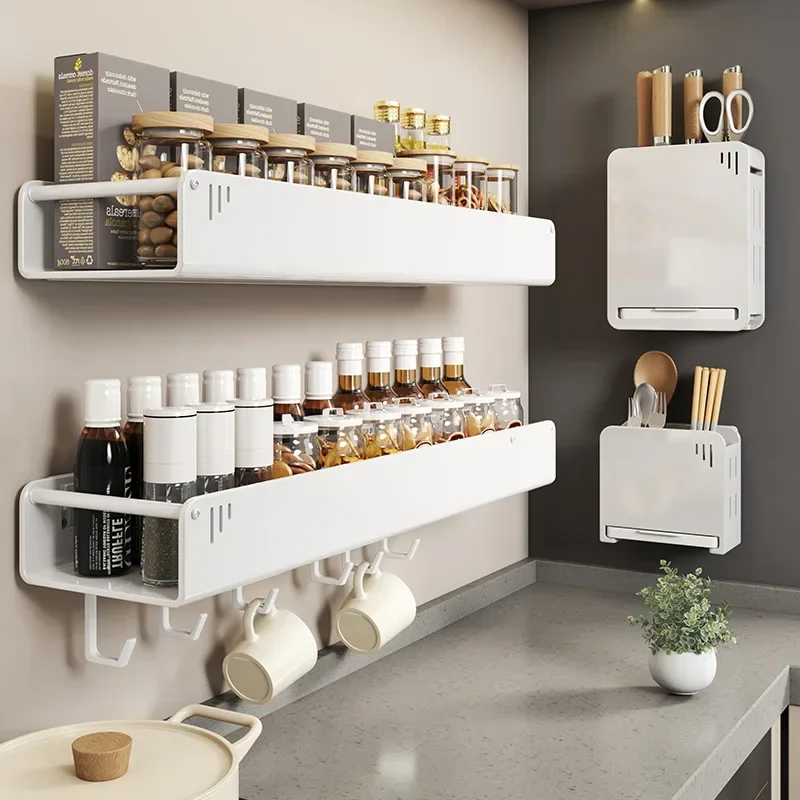 Shelf Wall-mounted Spice Storage Rack Kitchen Acceesories Rack Kitchen Knife Holder Hanging Hook Shelf Rack Organizer