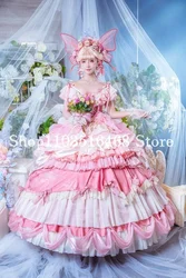 Fluffy Baby Pink Lolita Prom Dress Dreamy Corset Lace Tie Applique Fairytale Princess Pom Pom Dress فساتين سهره نسائيه فخمة